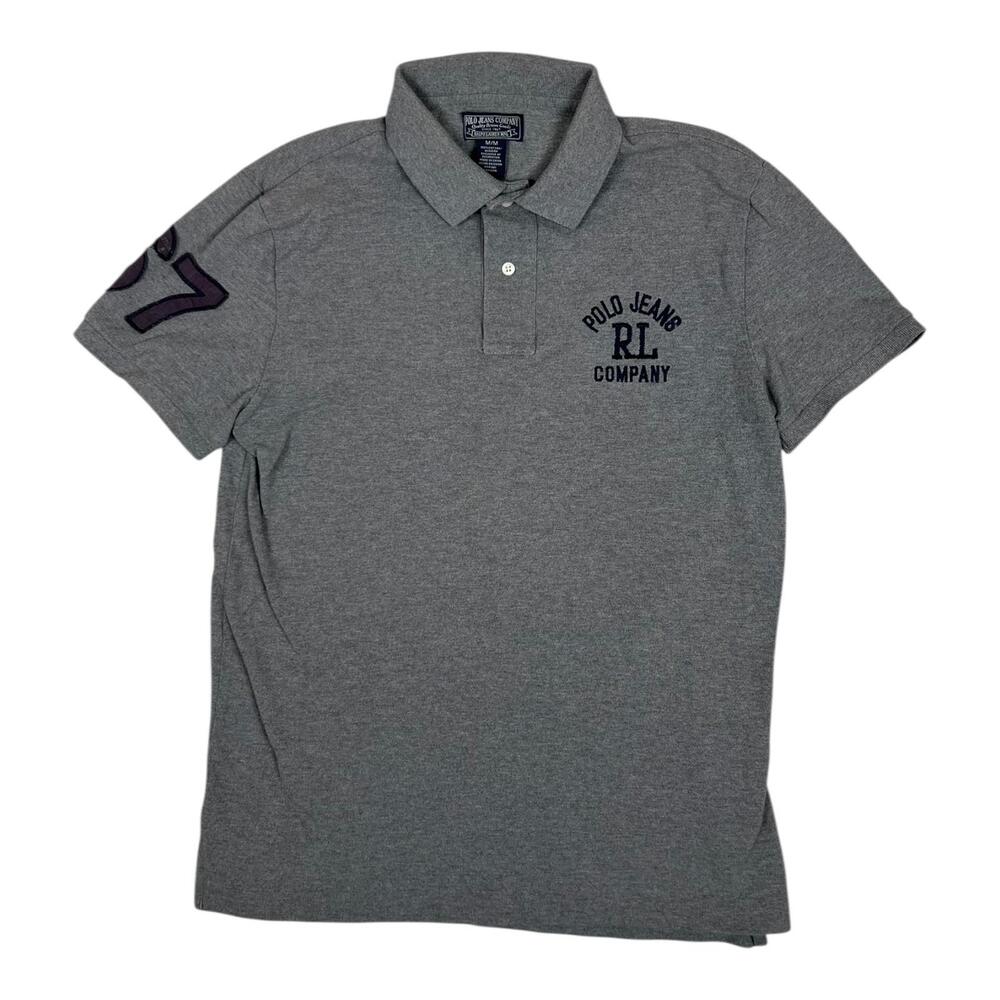 VTG Polo Jeans Company Polo Shirt Mens Medium Gray RL Logo 67 Sleeve Patch Y2K